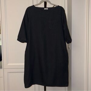 Fog Linen Work 100% Linen Relaxed Black Shift Dress with Pockets 3/4 Sleeves